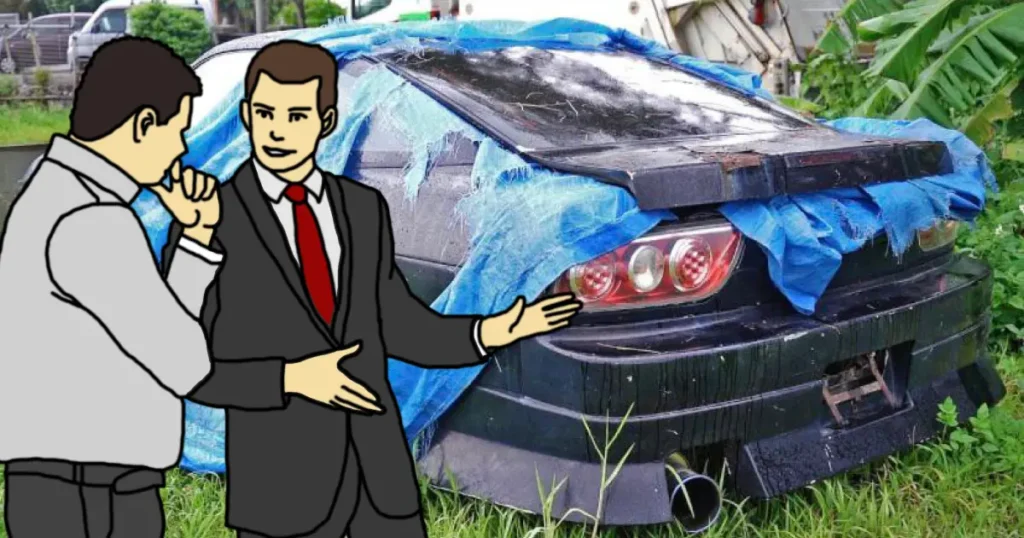 meme of salesman slapping the roof of an abandoned JDM vehicle